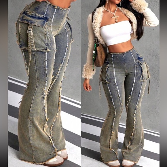 Denim - Y2K Women’s Olive Toned Distressed Vintage Jeans- 8/10